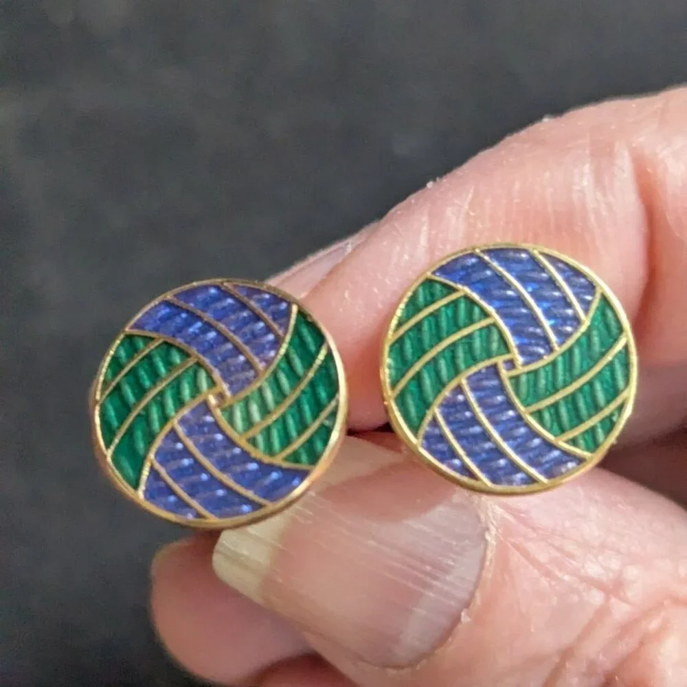 Vintage‎ Christian Dior Enamel Gold-Tone Cufflinks Green & Blue Swirl Design